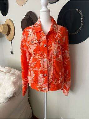 Cynthia Rowley Bright Floral Orange Button-Up Jacket 100% Linen M